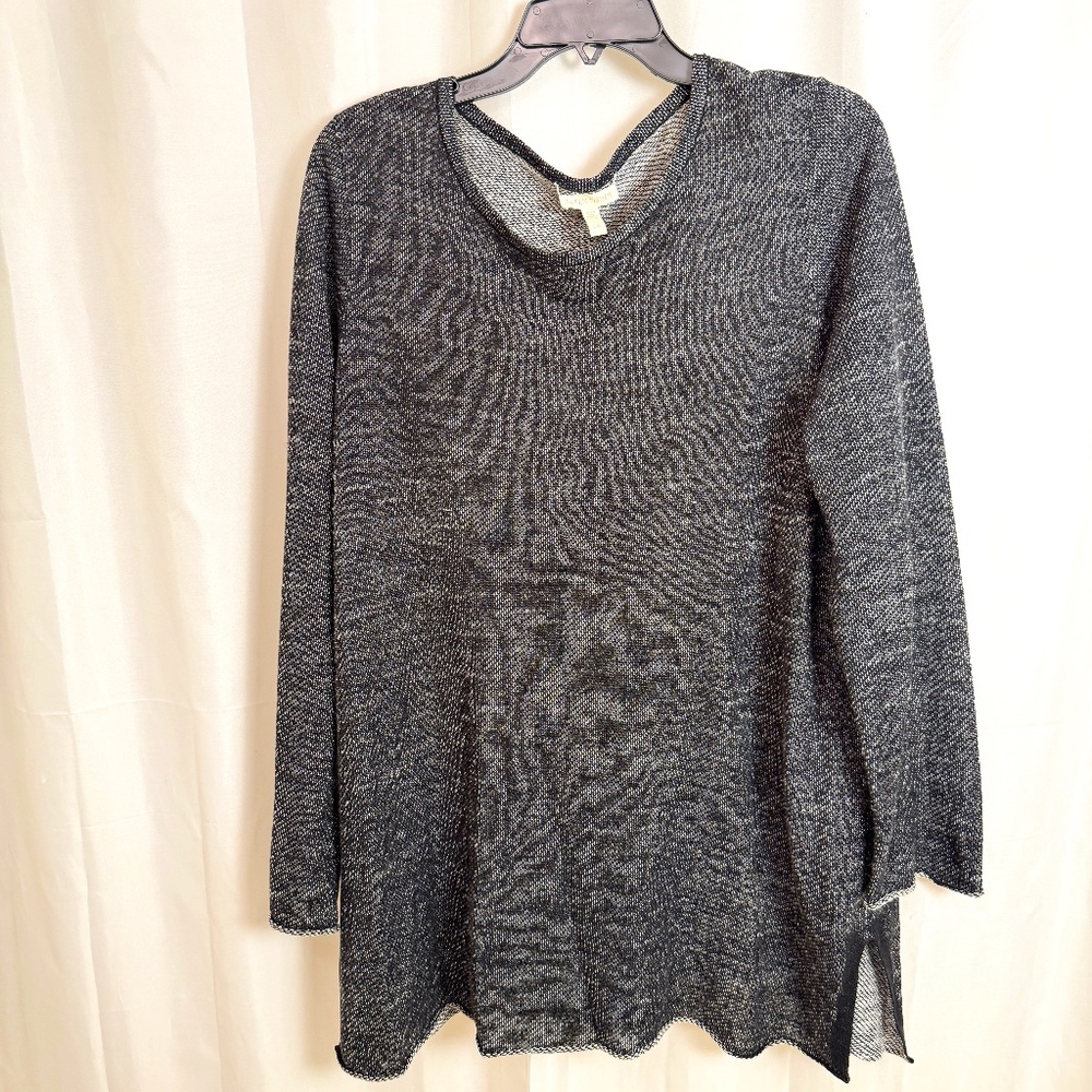 Eileen Fisher Black White Organic Cotton Linen Knit Pullover Sweater L Oversized